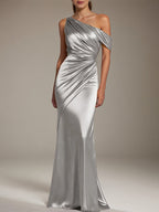 Vestido formal de fiesta de satén plateado, con un solo hombro plisado y largo hasta el suelo