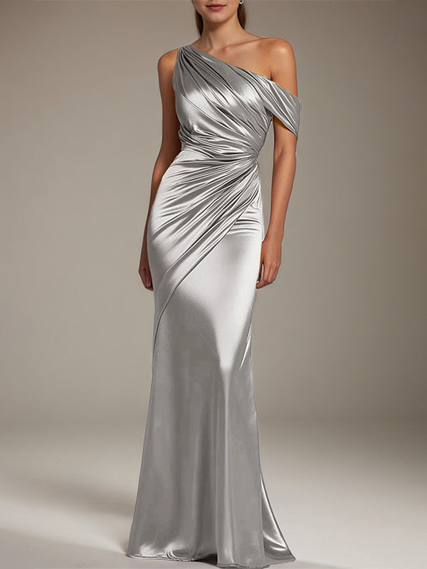 Vestido formal de fiesta de satén plateado, con un solo hombro plisado y largo hasta el suelo