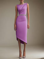 Halbformelles Partykleid mit Rundhalsausschnitt, lila, ärmellos, asymmetrisch