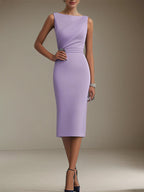 Vestido para convidada de casamento roxo, sem mangas, com strass e comprimento tea-length