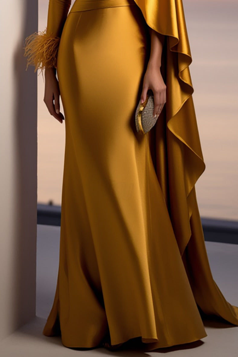 Evening Formal Gold Satin Dress V Neck Long Sleeve Cape Maxi Gown