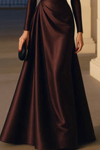 Evening Formal Burgundy Dress Asymmetrical Neck Long Sleeve Maxi Gown