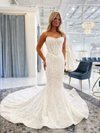 Floral Lace Corset Bodice Mermaid Bridal Gown With Long Train