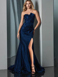 Evening Dress Blue Irregular Tube Top High Slit Mermaid