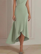 Tägliches Party-Kleid Salbeigrün, Rundhalsausschnitt, asymmetrisches Midikleid