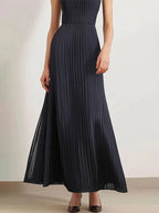 Vestido plisado para diario y fiesta, halter negro sin mangas, largo maxi
