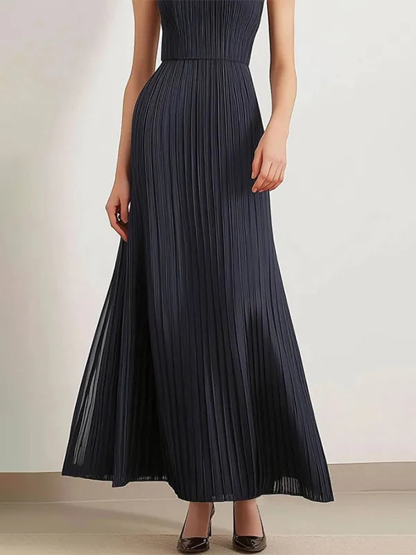 Vestido plisado para diario y fiesta, halter negro sin mangas, largo maxi