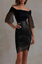 Cocktailkleid schulterfrei gerafftes Pailletten-Mesh figurbetontes Minikleid