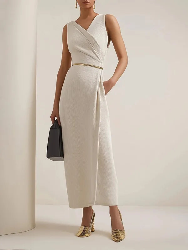 Beiges semi-formelles Arbeitskleid V-Ausschnitt ärmelloses Maxikleid mit Taschen