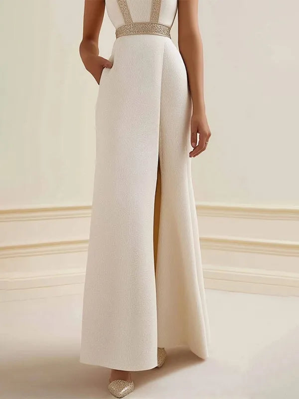 Semi-formelles Partykleid Beige Ärmellos mit Taschen und Seitenschlitz Maxi Kleid