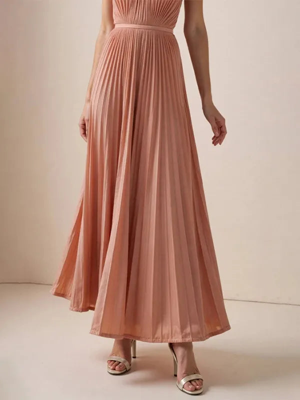 Hochzeitsgast Freizeitkleid Hellrosa Neckholder Falten Maxi Kleid