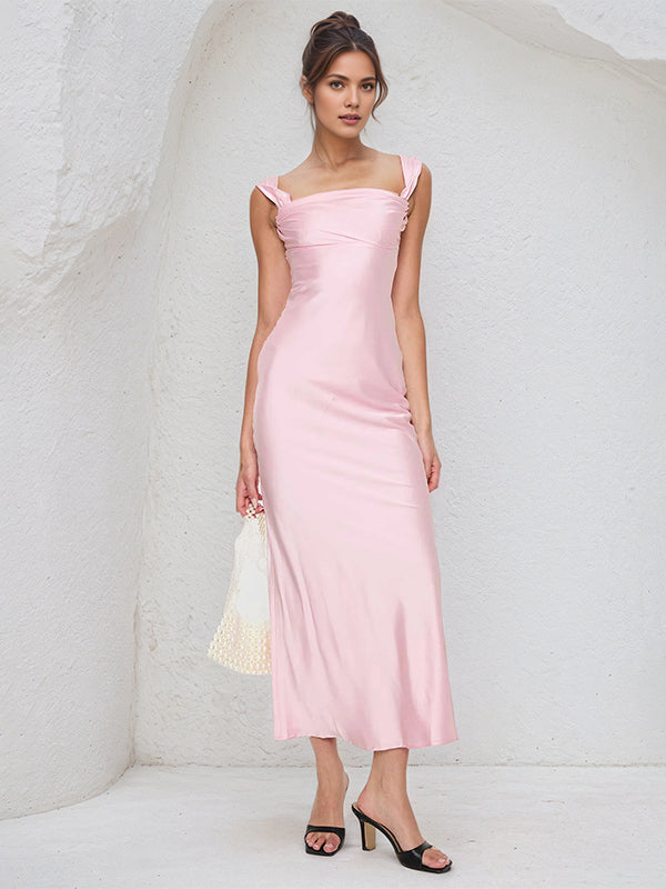 Pink Satin Asymmetrical Neckline Sleeveless Ankle Length Sheath Dress