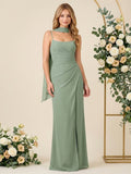 Abiti da damigella a sirena in chiffon con spalline sottili e sciarpa, lunghi con spacco