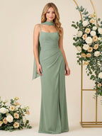 Abiti da damigella a sirena in chiffon con spalline sottili e sciarpa, lunghi con spacco