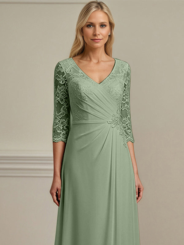 A-Linien Spitzen-Chiffon-Mutter-der-Braut-Kleid mit V-Ausschnitt, bodenlang und plissiert