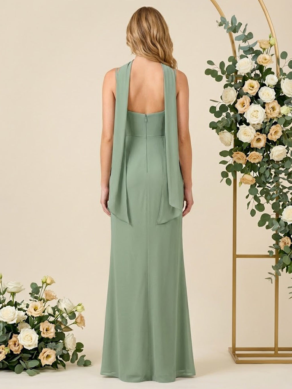 Abiti da damigella a sirena in chiffon con spalline sottili e sciarpa, lunghi con spacco