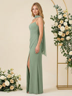 Abiti da damigella a sirena in chiffon con spalline sottili e sciarpa, lunghi con spacco