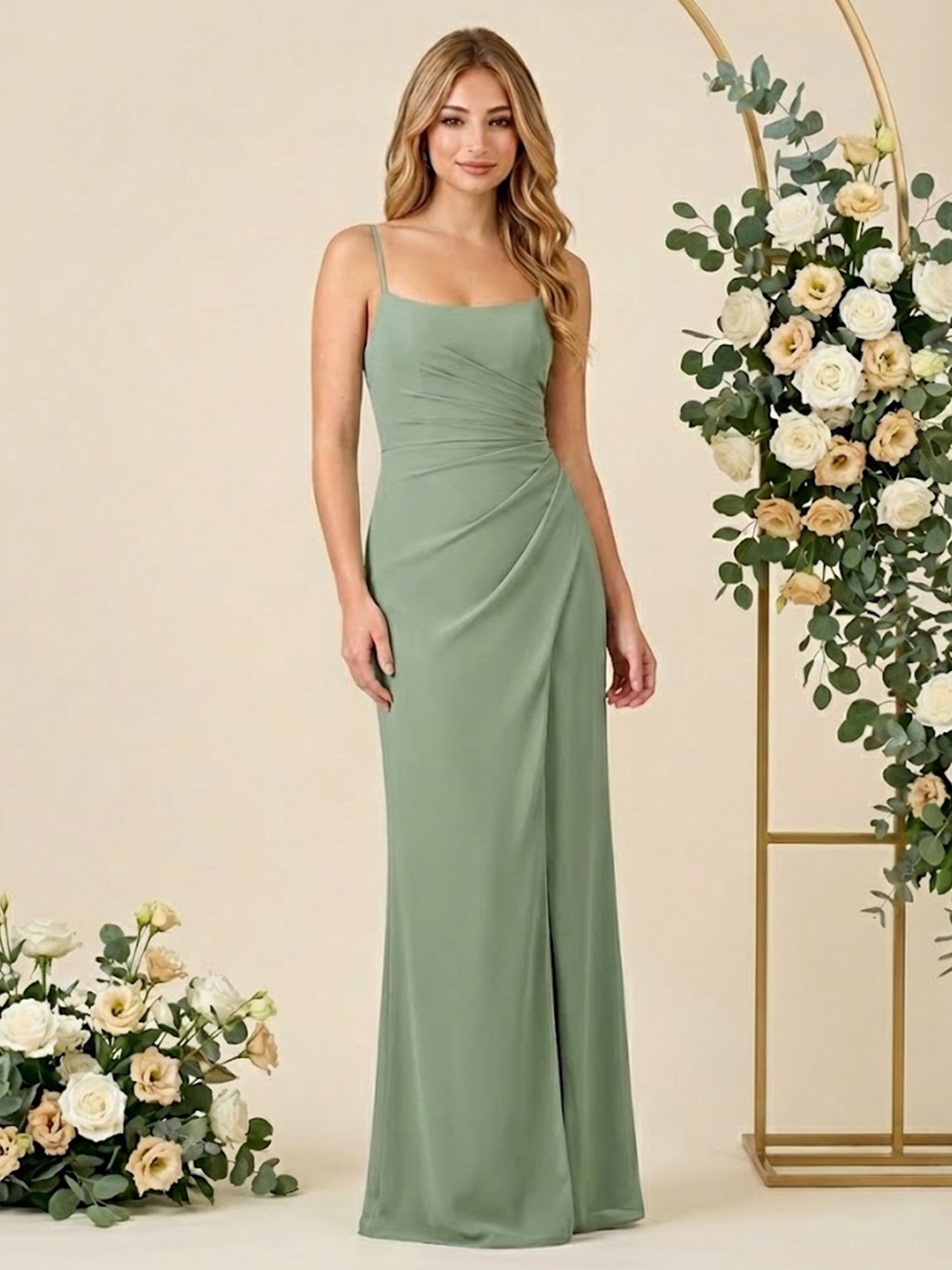 Abiti da damigella a sirena in chiffon con spalline sottili e sciarpa, lunghi con spacco