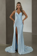 Beaded Halter Neck Corset Gown with High Slit and Train
