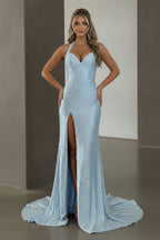 Beaded Halter Neck Corset Gown with High Slit and Train