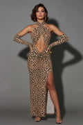Wild Print Halter Maxi Dress with Cutouts and Gloves