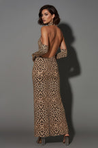 Wild Print Halter Maxi Dress with Cutouts and Gloves