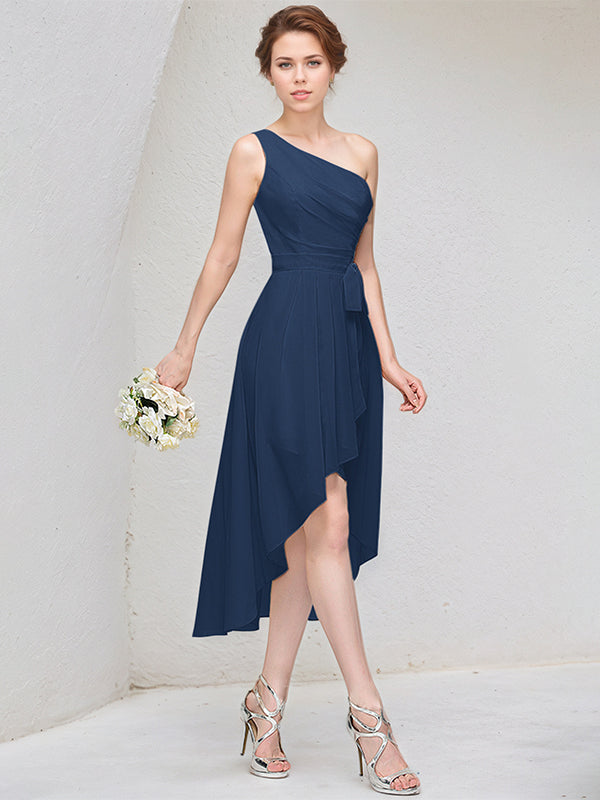Abito da damigella a linea A blu scuro monospalla senza maniche in chiffon asimmetrico