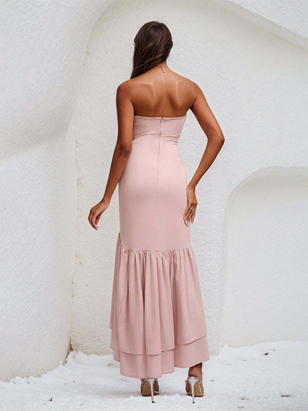 Vestido rosa de gasa sin hombros, sin mangas, de longitud asimétrica con volantes