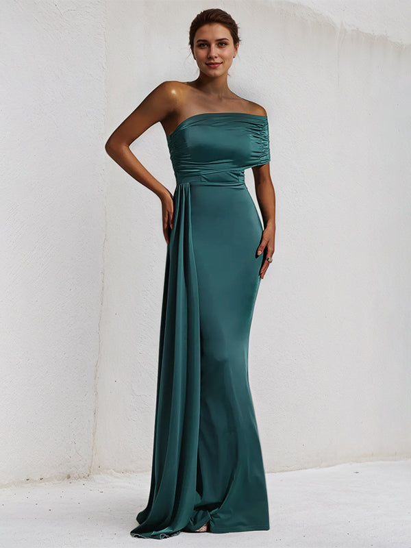 Vestido largo de satén pavo real, un solo hombro y sin mangas