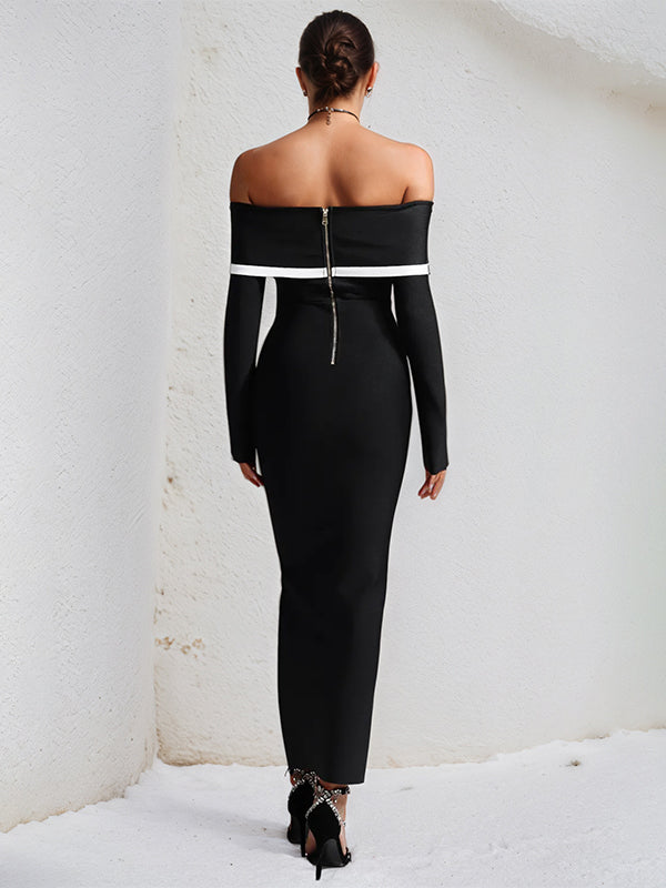 Vestido negro de crepé elástico con mangas largas y escote off the shoulder hasta el tobillo