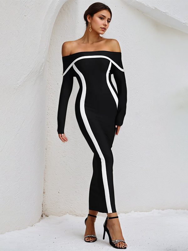 Vestido negro de crepé elástico con mangas largas y escote off the shoulder hasta el tobillo