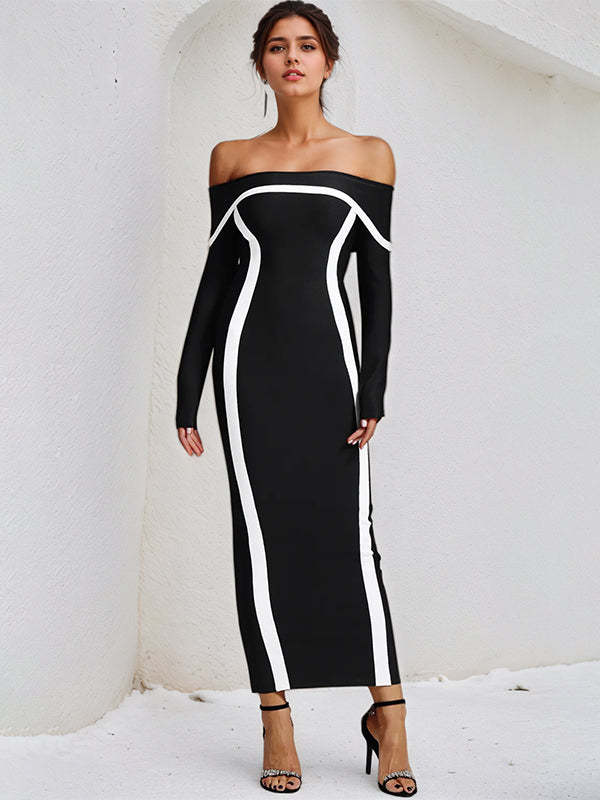 Vestido negro de crepé elástico con mangas largas y escote off the shoulder hasta el tobillo