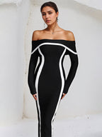 Vestido negro de crepé elástico con mangas largas y escote off the shoulder hasta el tobillo