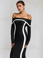 Vestido negro de crepé elástico con mangas largas y escote off the shoulder hasta el tobillo