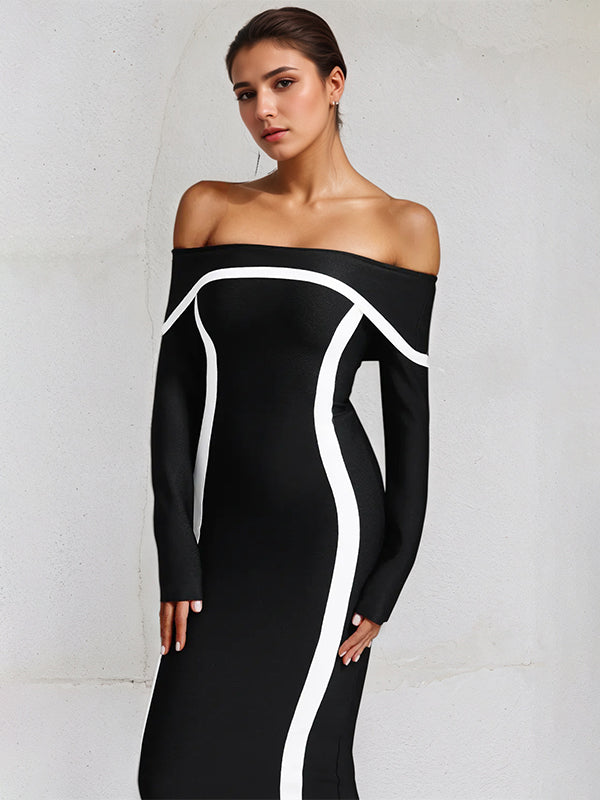 Vestido negro de crepé elástico con mangas largas y escote off the shoulder hasta el tobillo