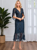 Robe cocktail trompette/sirène en tulle et dentelle longueur thé, col en V avec sequins