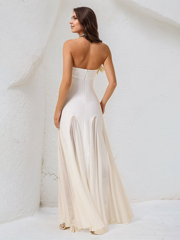 Weißes A-Linien-Chiffon-Kleid, schulterfrei, ärmellos, bodenlang