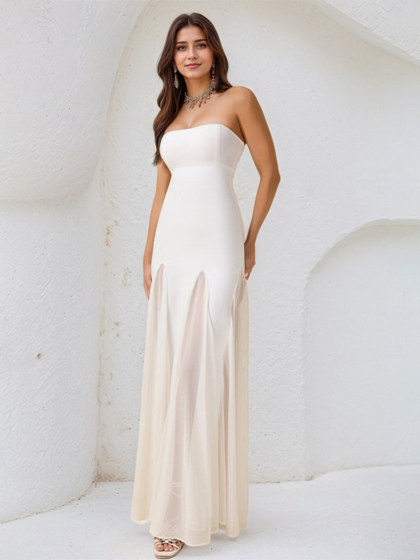 Vestido blanco en línea A de gasa, off the shoulder, sin mangas y largo hasta el suelo