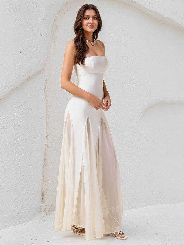 Vestido blanco en línea A de gasa, off the shoulder, sin mangas y largo hasta el suelo