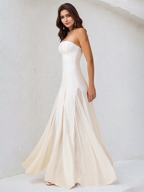 Weißes A-Linien-Chiffon-Kleid, schulterfrei, ärmellos, bodenlang
