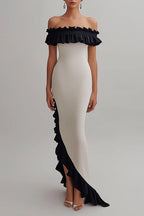 Formal Evening Gown Off-Shoulder Ruffle Asymmetrical Floor-Length Dress