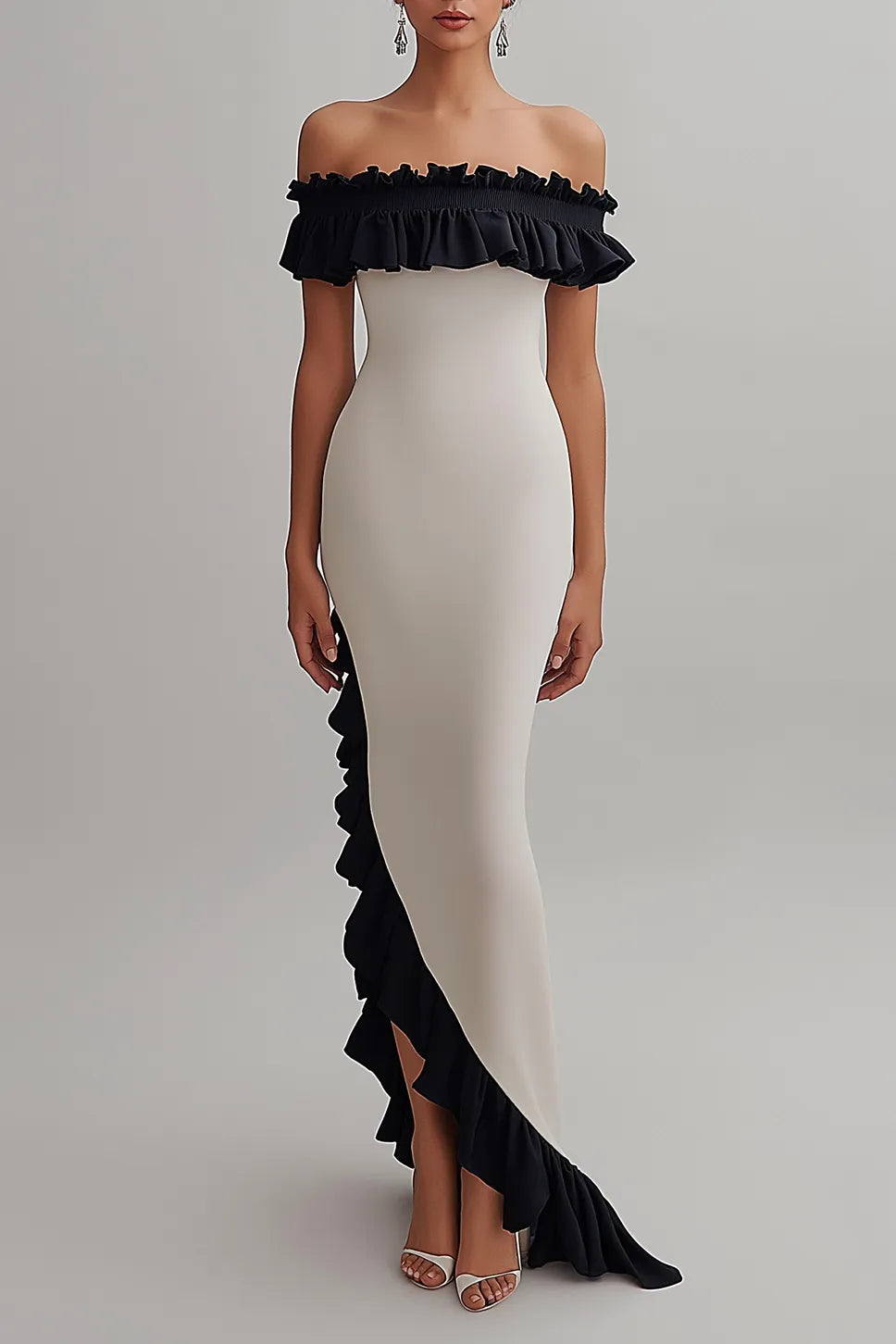 Formal Evening Gown Off-Shoulder Ruffle Asymmetrical Floor-Length Dress