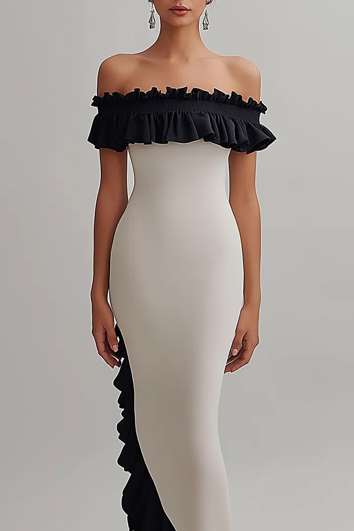 Formal Evening Gown Off-Shoulder Ruffle Asymmetrical Floor-Length Dress