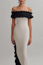 Formal Evening Gown Off-Shoulder Ruffle Asymmetrical Floor-Length Dress