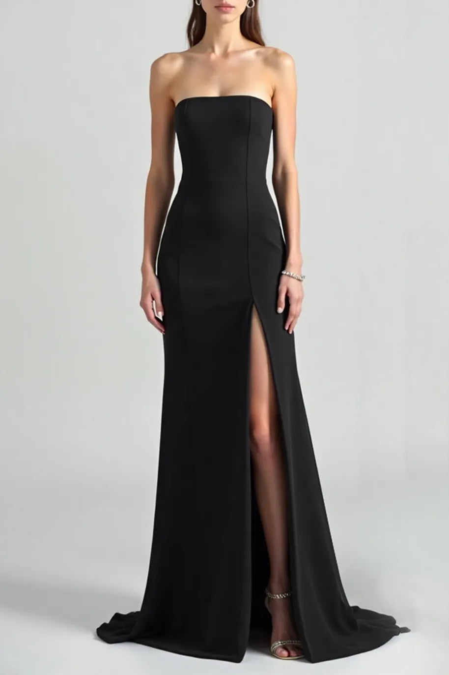 Formal Evening Solid Dress Black Off Shoulder High Slit Floor-Length Dress