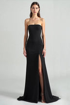 Formal Evening Solid Dress Black Off Shoulder High Slit Floor-Length Dress