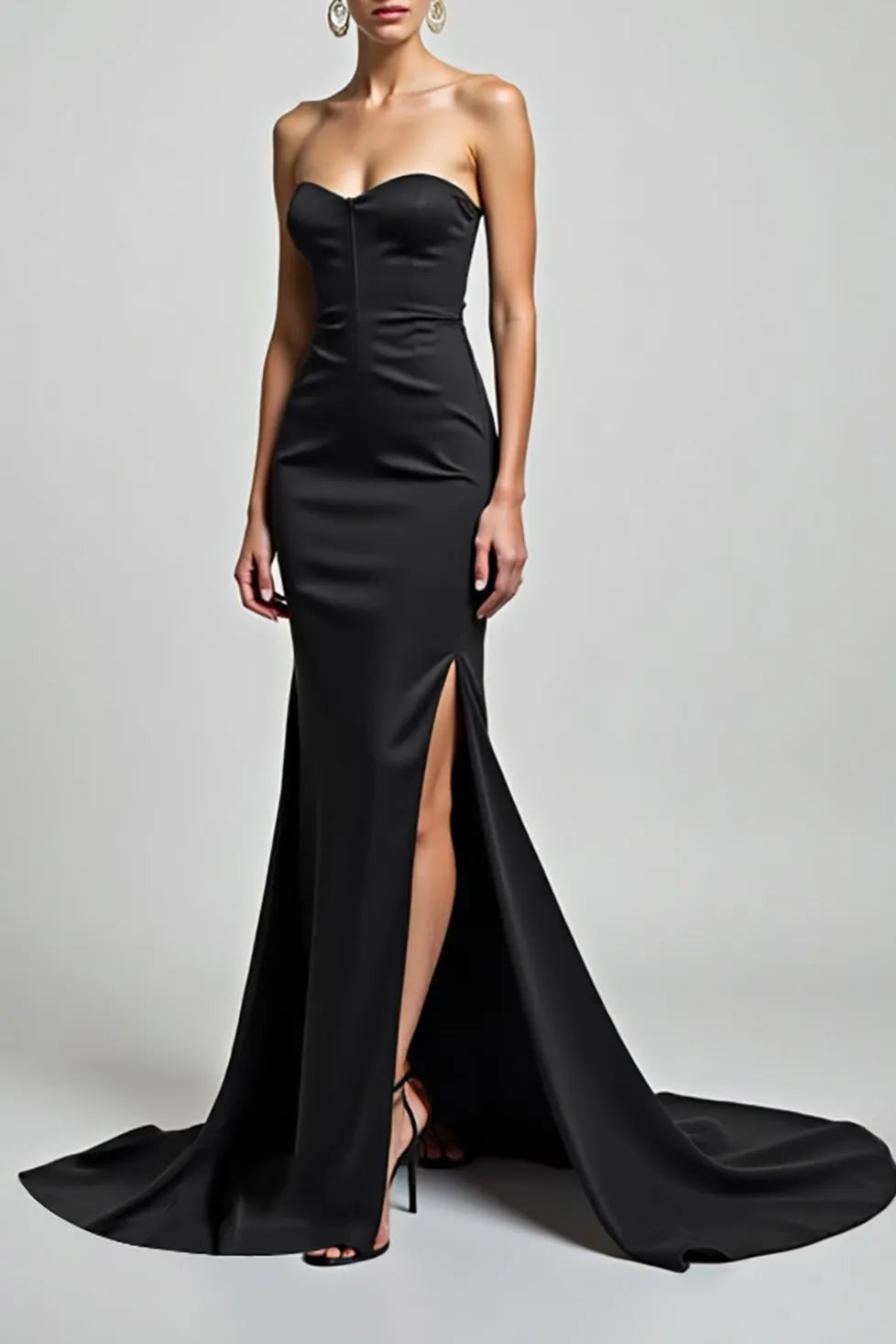 Formal Evening Strapless Dress Black High Slit Floor-Length Dress