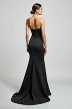 Formal Evening Strapless Dress Black High Slit Floor-Length Dress