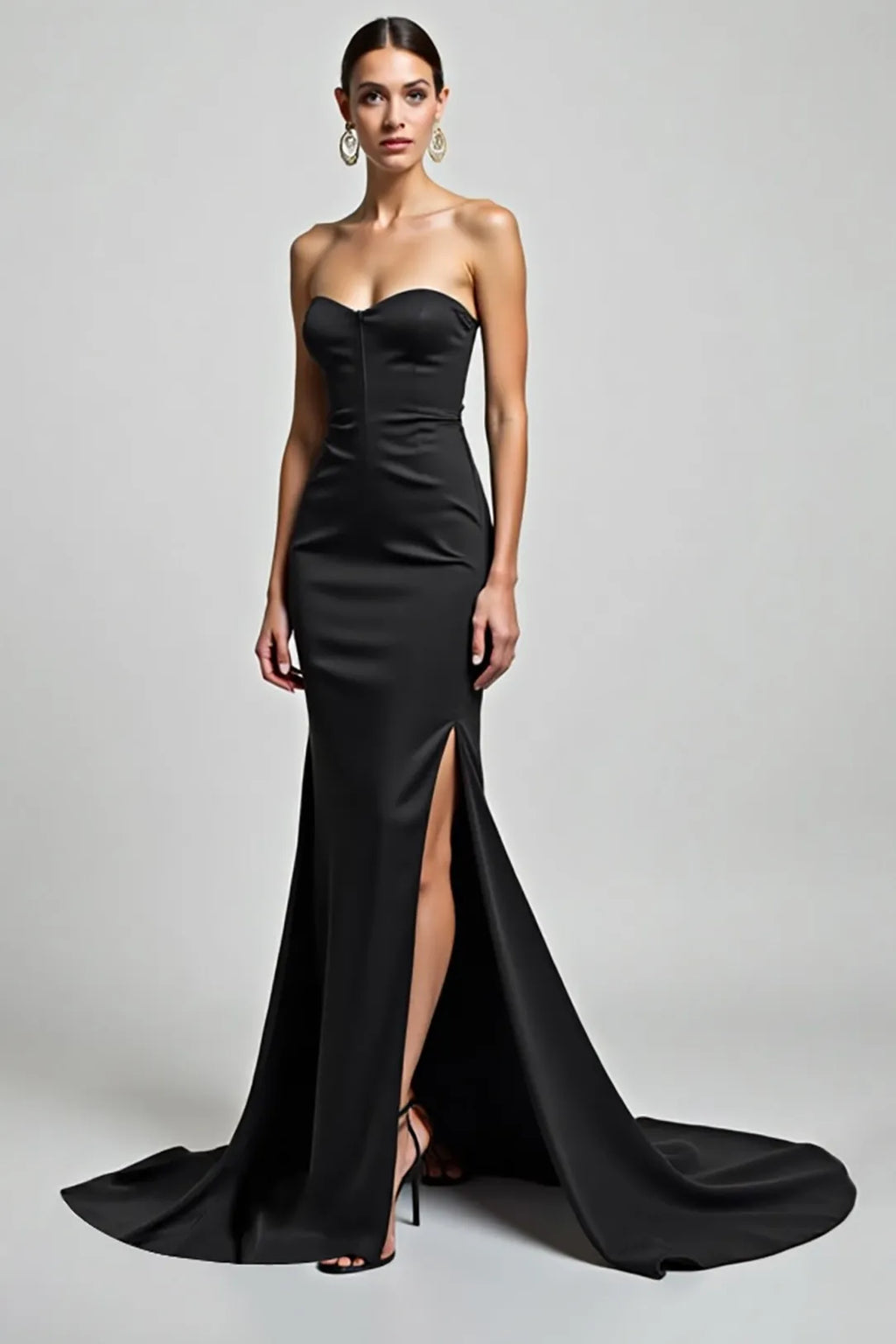 Formal Evening Strapless Dress Black High Slit Floor-Length Dress