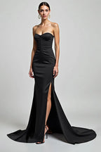 Formal Evening Strapless Dress Black High Slit Floor-Length Dress